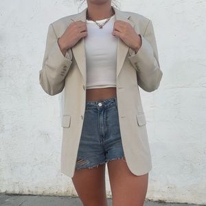 tan blazer with shoulder pads